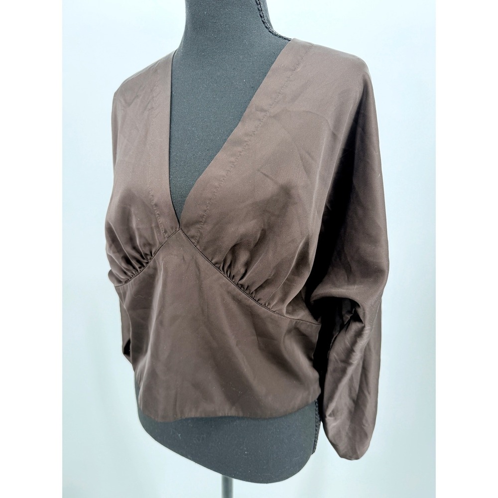 Banana Republic Blouse Women 12 Brown Excellent Satin V-Neck Dolman Sleeve